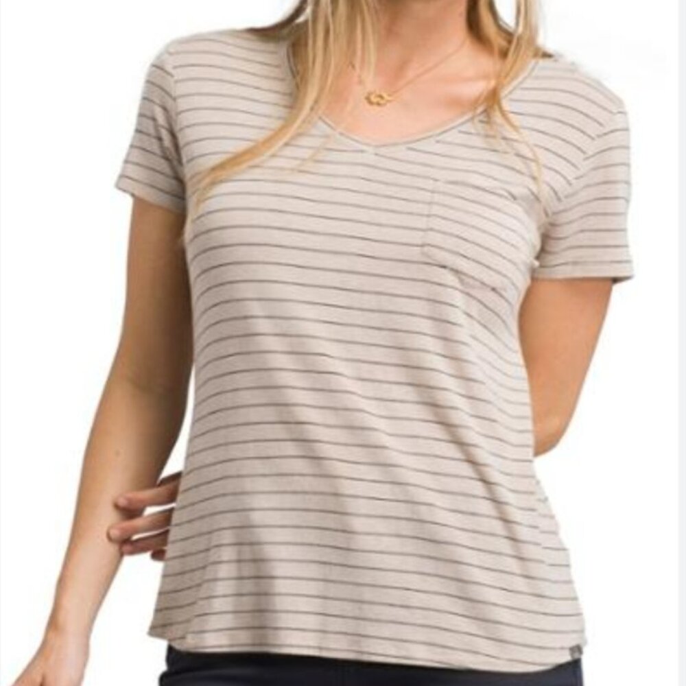 Prana | Foundation Modal Taupe Black Stripe V Neck Top Medium